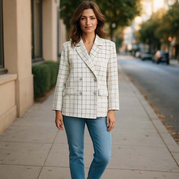 Monkl Women's Oversized Double Breasted Blazer Plaid Green Size L - Picture 2 of 7